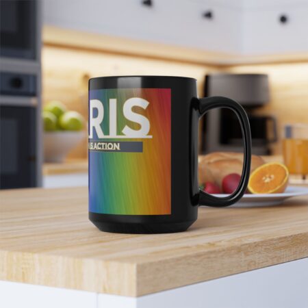 15oz Black Mug — Rainbow 'HARRIS' Design with "The Only Action Is Action" Slogan